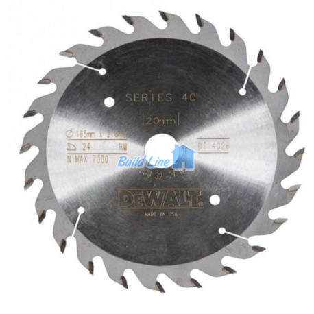 Пильный диск HM, 24 z, d 165х20мм, точ. рез,+25град,SERIES 40, ATB, DT4026, DeWalt